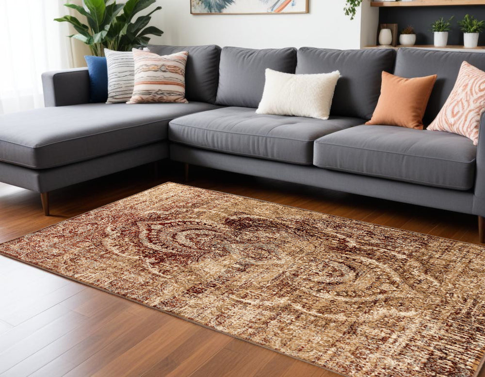 Homeroots 9' X 12' Maroon And Gold Abstract Power Loom Distressed Stain Resistant Area Rug  Polypropylene 487132