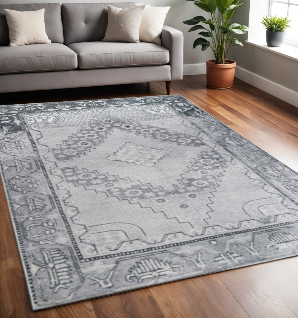 HomeRoots 5' Light Gray and Charcoal Geometric Distressed Area Rug - Modern, Stain-Resistant Design for Any Space 5' X 8' 487152