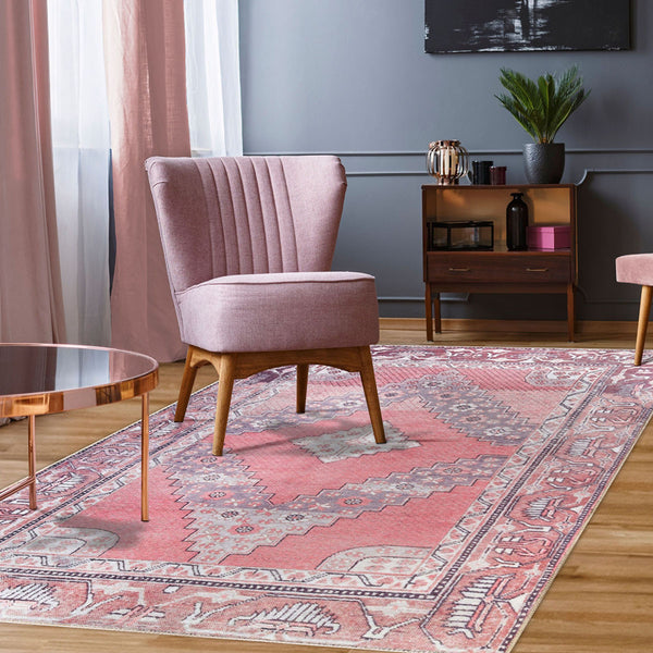 Homeroots 5' X 8' Pink Geometric Power Loom Distressed Stain Resistant Non Skid Area Rug  Polyester 487153