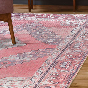 Homeroots 5' X 8' Pink Geometric Power Loom Distressed Stain Resistant Non Skid Area Rug  Polyester 487153