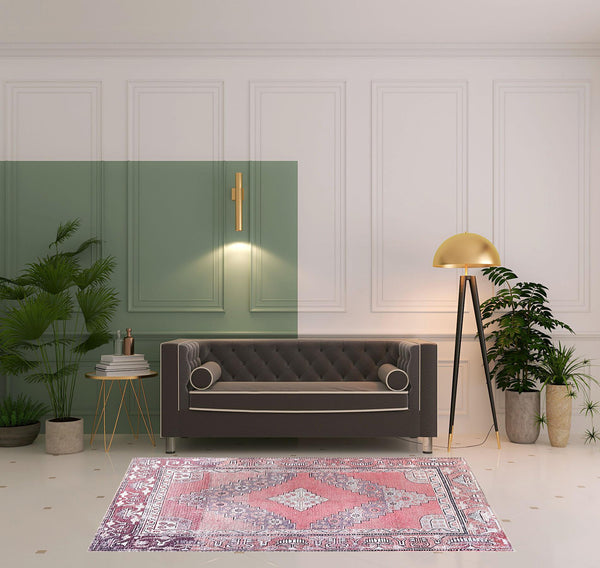 Homeroots 5' X 8' Pink Geometric Power Loom Distressed Stain Resistant Non Skid Area Rug  Polyester 487153