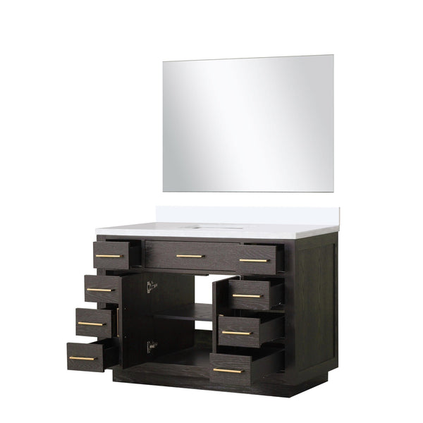 English Elm Brown Oak Single Bath Vanity Set With White Quartz Top, Soft-Close Cabinets & 46" Frameless Mirror B2731S01402