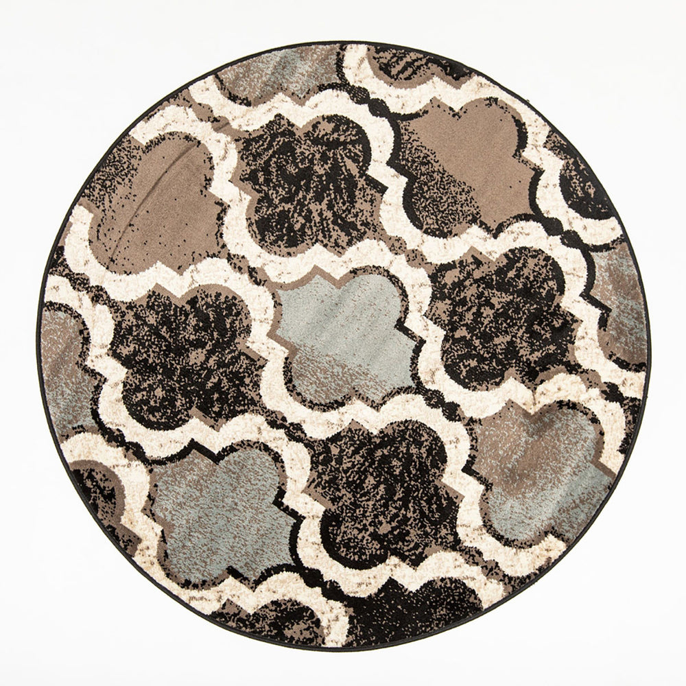 Homeroots 5' Round Chocolate Round Quatrefoil Power Loom Distressed Stain Resistant Area Rug  Polypropylene 487201