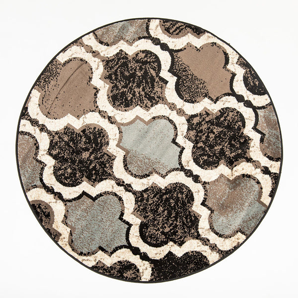 Homeroots 5' Round Chocolate Round Quatrefoil Power Loom Distressed Stain Resistant Area Rug  Polypropylene 487201