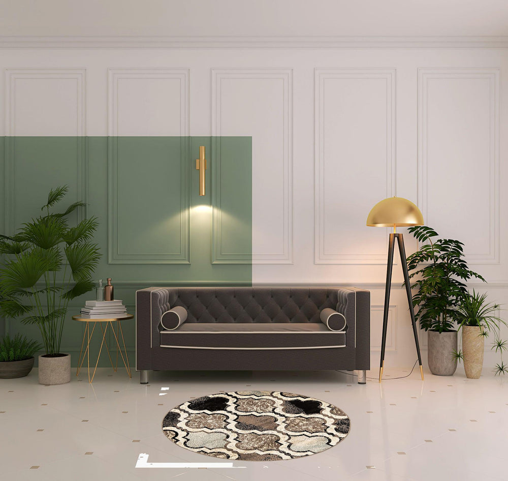 Homeroots 5' Round Ivory Round Quatrefoil Power Loom Distressed Stain Resistant Area Rug  Polypropylene 487202