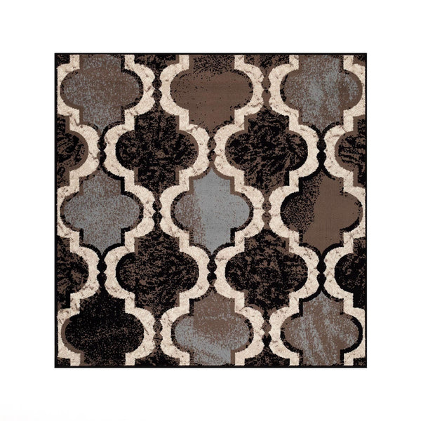 Homeroots 5' Square Chocolate Square Quatrefoil Power Loom Distressed Stain Resistant Area Rug  Polypropylene 487203
