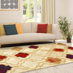 Homeroots 5' X 8' Beige Quatrefoil Power Loom Distressed Stain Resistant Area Rug  Polypropylene 487205