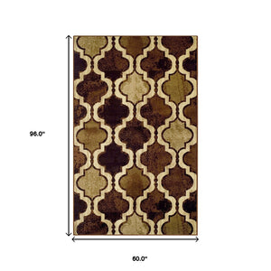 Homeroots 5' X 8' Coffee Quatrefoil Power Loom Distressed Stain Resistant Area Rug  Polypropylene 487207