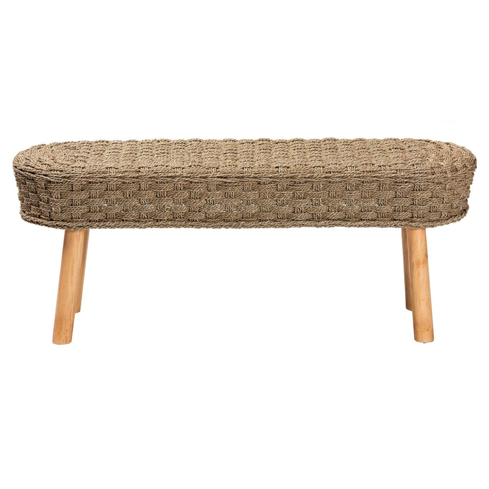 English Elm Modern Woven Seagrass Acacia Wood Bench Organic Boho Accent for Entryway or Bedroom B2750P467726