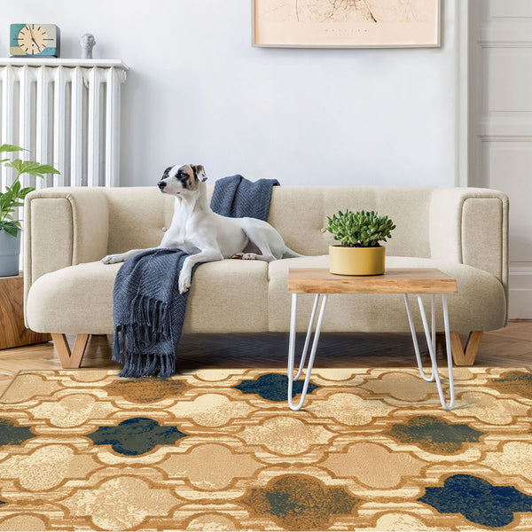 Homeroots 5' X 8' Cream Quatrefoil Power Loom Distressed Stain Resistant Area Rug  Polypropylene 487210
