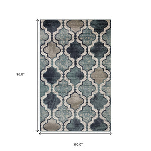 Homeroots 5' X 8' Deep Royal Quatrefoil Power Loom Distressed Stain Resistant Area Rug  Polypropylene 487211
