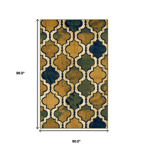 Homeroots 5' X 8' Green Quatrefoil Power Loom Distressed Stain Resistant Area Rug  Polypropylene 487212