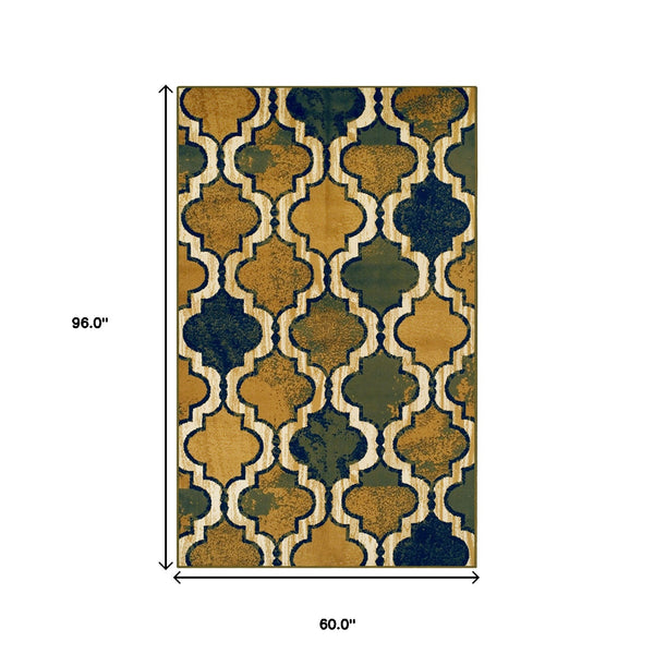 Homeroots 5' X 8' Green Quatrefoil Power Loom Distressed Stain Resistant Area Rug  Polypropylene 487212