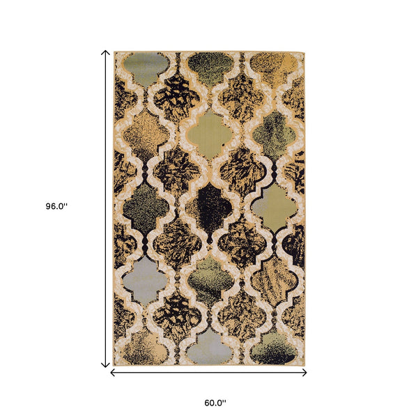 Homeroots 5' X 8' Multi Color Quatrefoil Power Loom Distressed Stain Resistant Area Rug  Polypropylene 487216