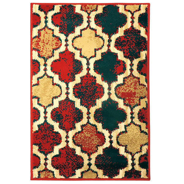 Homeroots 5' X 8' Red Blue Quatrefoil Power Loom Distressed Stain Resistant Area Rug  Polypropylene 487217