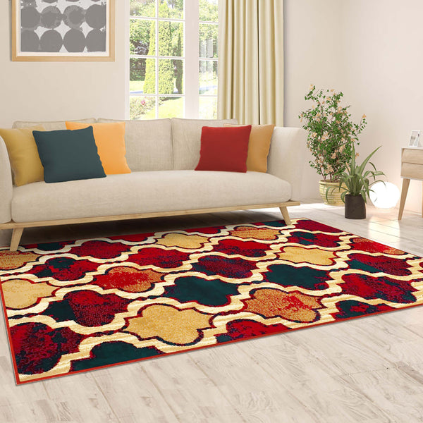 Homeroots 5' X 8' Red Blue Quatrefoil Power Loom Distressed Stain Resistant Area Rug  Polypropylene 487217