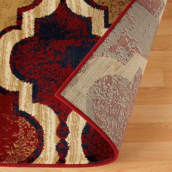 Homeroots 5' X 8' Red Blue Quatrefoil Power Loom Distressed Stain Resistant Area Rug  Polypropylene 487217