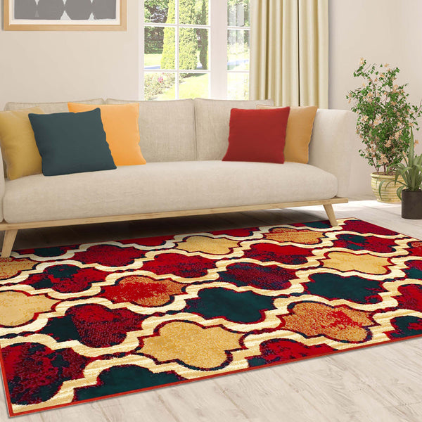 Homeroots 5' X 8' Red Blue Quatrefoil Power Loom Distressed Stain Resistant Area Rug  Polypropylene 487217