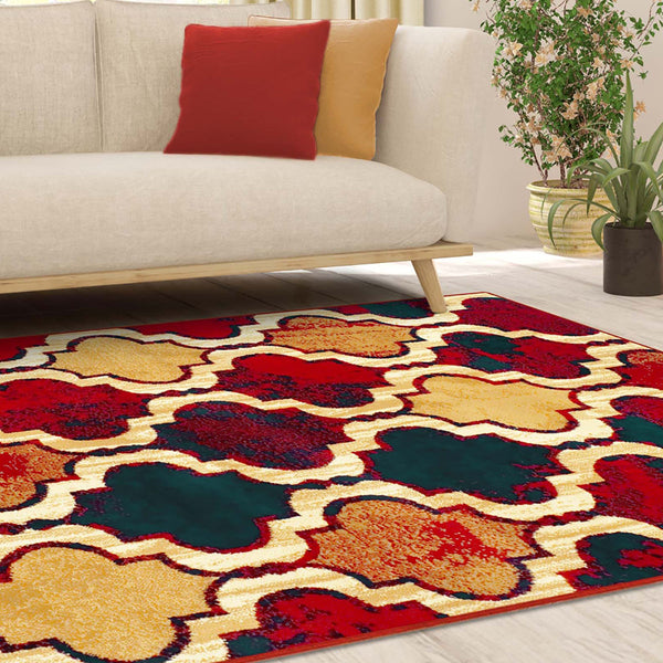 Homeroots 5' X 8' Red Blue Quatrefoil Power Loom Distressed Stain Resistant Area Rug  Polypropylene 487217