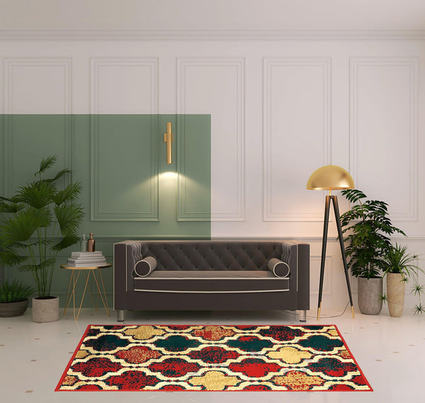 Homeroots 5' X 8' Red Blue Quatrefoil Power Loom Distressed Stain Resistant Area Rug  Polypropylene 487217