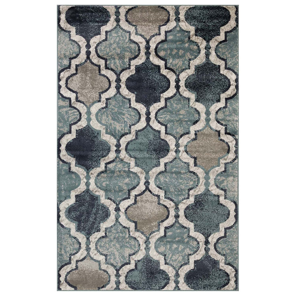 Homeroots 7' X 9' Deep Royal Quatrefoil Power Loom Distressed Stain Resistant Area Rug  Polypropylene 487224