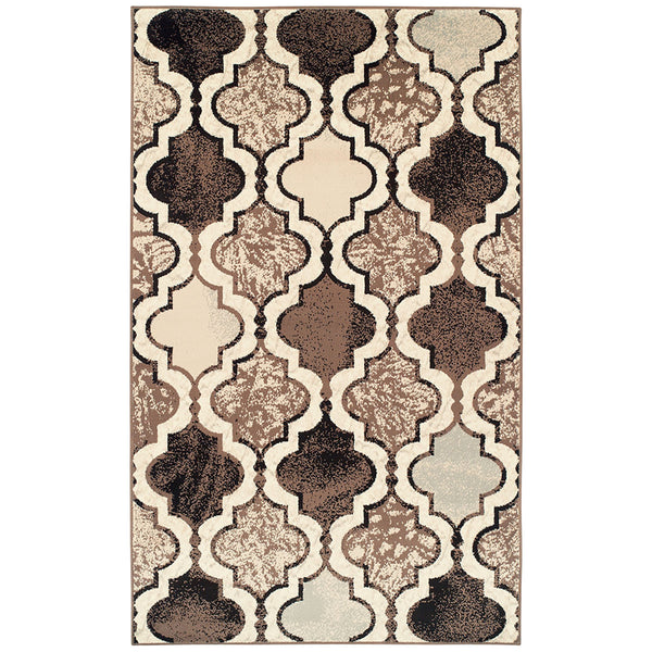 Homeroots 7' X 9' Ivory Quatrefoil Power Loom Distressed Stain Resistant Area Rug  Polypropylene 487225