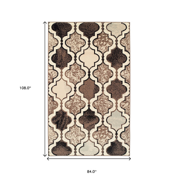 Homeroots 7' X 9' Ivory Quatrefoil Power Loom Distressed Stain Resistant Area Rug  Polypropylene 487225