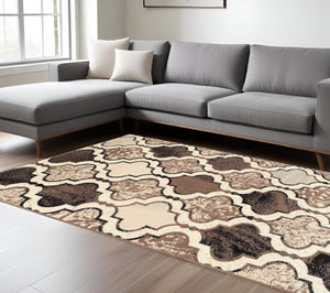HomeRoots 7' Distressed Quatrefoil Area Rug in Ivory, Brown, and Black - Stylish, Durable, and Pet-Friendly Decor 7' X 9' 487225