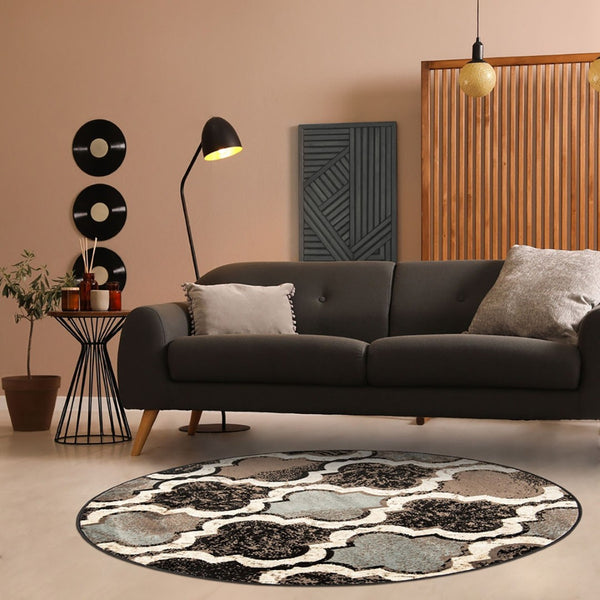 HomeRoots 8' Distressed Quatrefoil Round Rug – Soft, Durable Design for Modern Living Spaces and Family Life Chocolate 487226