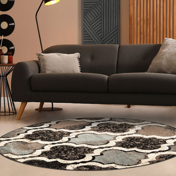 HomeRoots 8' Distressed Quatrefoil Round Rug – Soft, Durable Design for Modern Living Spaces and Family Life Chocolate 487226