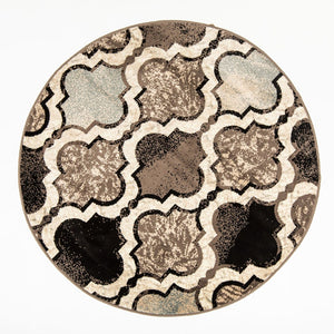 HomeRoots 7' Distressed Quatrefoil Area Rug in Ivory, Brown, and Black - Stylish, Durable, and Pet-Friendly Decor 8' Round 487227