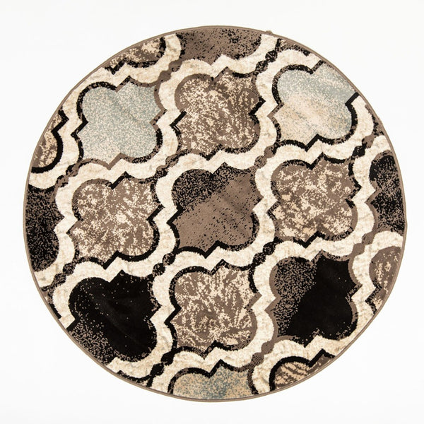 HomeRoots 7' Distressed Quatrefoil Area Rug in Ivory, Brown, and Black - Stylish, Durable, and Pet-Friendly Decor 8' Round 487227