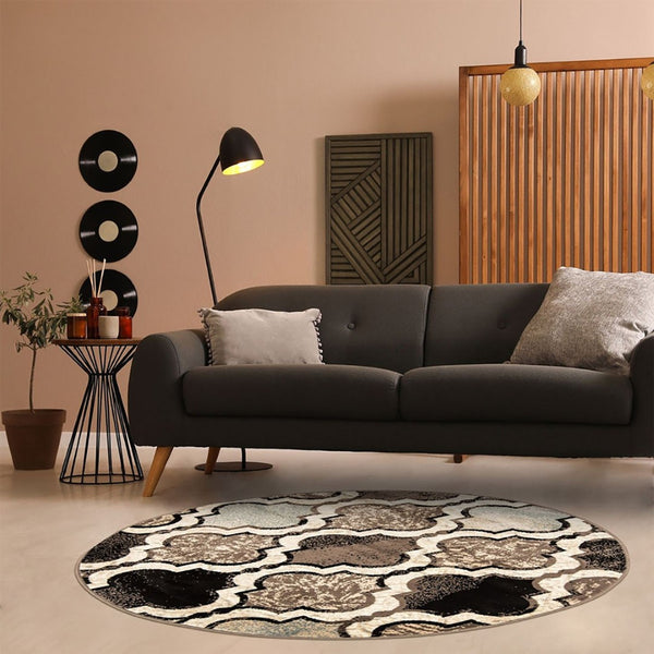 HomeRoots 7' Distressed Quatrefoil Area Rug in Ivory, Brown, and Black - Stylish, Durable, and Pet-Friendly Decor 8' Round 487227