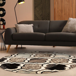 HomeRoots 7' Distressed Quatrefoil Area Rug in Ivory, Brown, and Black - Stylish, Durable, and Pet-Friendly Decor 8' Round 487227