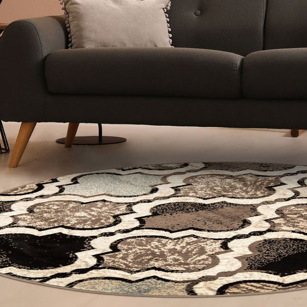 HomeRoots 7' Distressed Quatrefoil Area Rug in Ivory, Brown, and Black - Stylish, Durable, and Pet-Friendly Decor 8' Round 487227