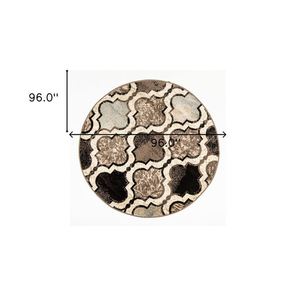HomeRoots 7' Distressed Quatrefoil Area Rug in Ivory, Brown, and Black - Stylish, Durable, and Pet-Friendly Decor 8' Round 487227