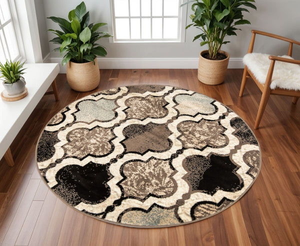 HomeRoots 7' Distressed Quatrefoil Area Rug in Ivory, Brown, and Black - Stylish, Durable, and Pet-Friendly Decor 8' Round 487227