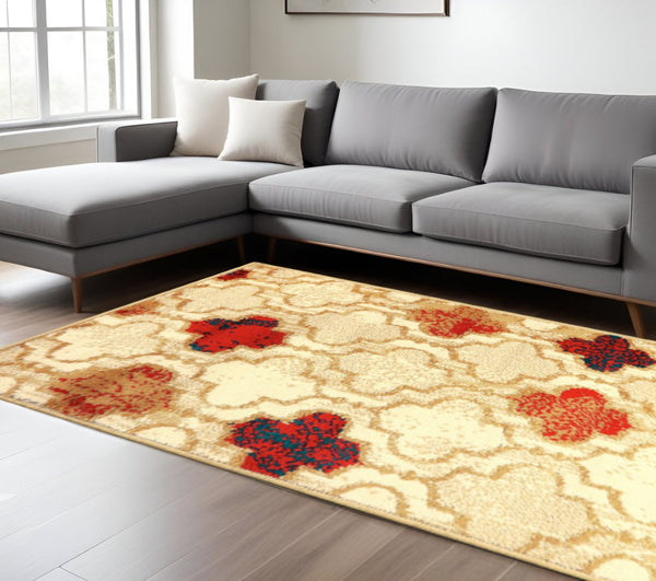 HomeRoots 8' Distressed Quatrefoil Area Rug – Chic Moroccan Design in Beige, Brown & Red for Timeless Elegance 8' X 10' 487228