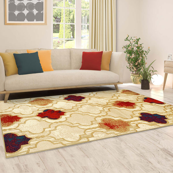 Homeroots 8' X 10' Beige Quatrefoil Power Loom Distressed Stain Resistant Area Rug  Polypropylene 487228