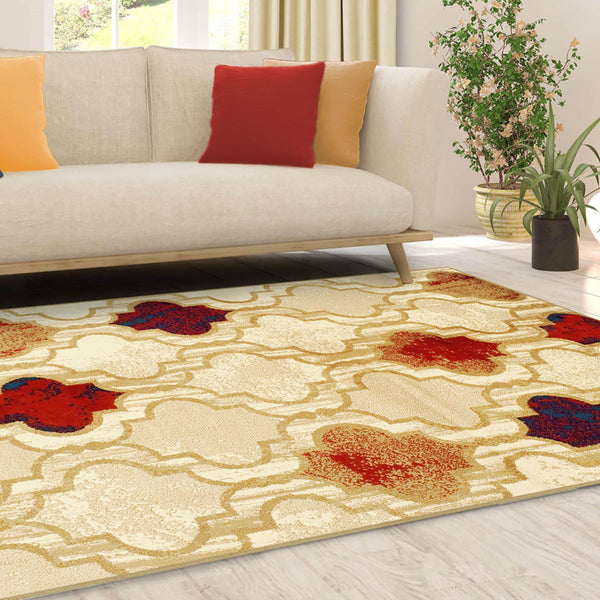 Homeroots 8' X 10' Beige Quatrefoil Power Loom Distressed Stain Resistant Area Rug  Polypropylene 487228