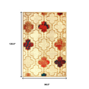 HomeRoots 8' Distressed Quatrefoil Area Rug – Chic Moroccan Design in Beige, Brown & Red for Timeless Elegance 8' X 10' 487228