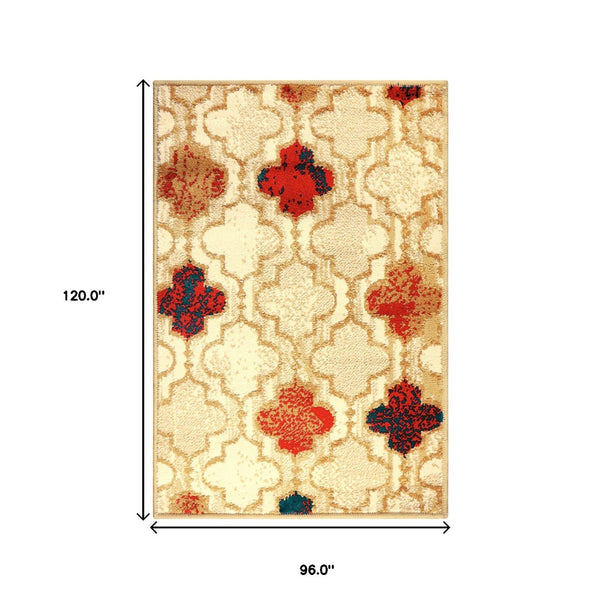HomeRoots 8' Distressed Quatrefoil Area Rug – Chic Moroccan Design in Beige, Brown & Red for Timeless Elegance 8' X 10' 487228