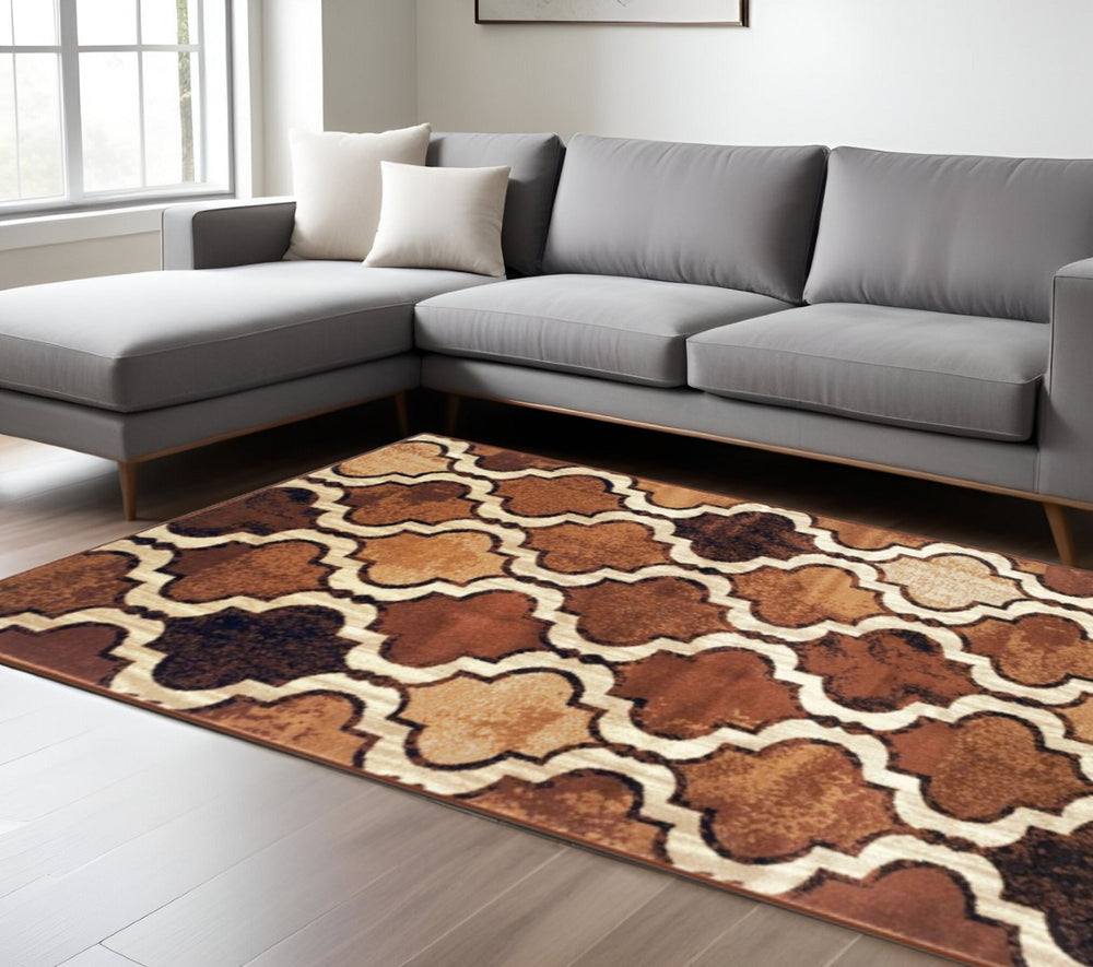 HomeRoots 8' Elegant Brown and Ivory Quatrefoil Area Rug - Durable, Stain-Resistant Design for Family Spaces 8' X 10' 487229