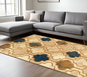 HomeRoots 8' Distressed Moroccan Quatrefoil Area Rug in Cream, Brown, and Teal - Durable, Stain-Resistant Design 8' X 10' 487233