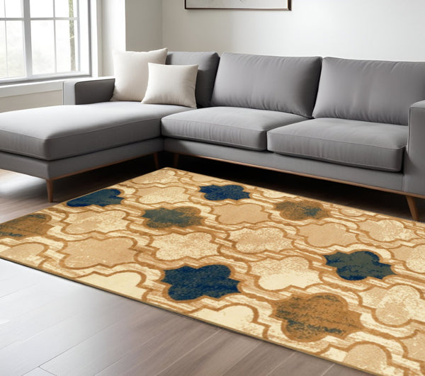 HomeRoots 8' Distressed Moroccan Quatrefoil Area Rug in Cream, Brown, and Teal - Durable, Stain-Resistant Design 8' X 10' 487233