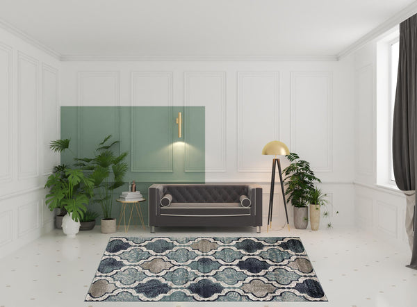 Homeroots 8' X 10' Deep Royal Quatrefoil Power Loom Distressed Stain Resistant Area Rug  Polypropylene 487234