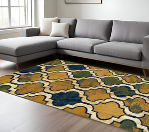 HomeRoots 8' Quatrefoil Distressed Area Rug in Green, Brown & Ivory - Stylish, Durable & Stain-Resistant Design 8' X 10' 487235