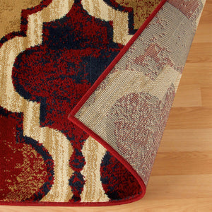 Homeroots 8' X 10' Red Blue Quatrefoil Power Loom Distressed Stain Resistant Area Rug  Polypropylene 487240