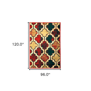 Homeroots 8' X 10' Red Blue Quatrefoil Power Loom Distressed Stain Resistant Area Rug  Polypropylene 487240