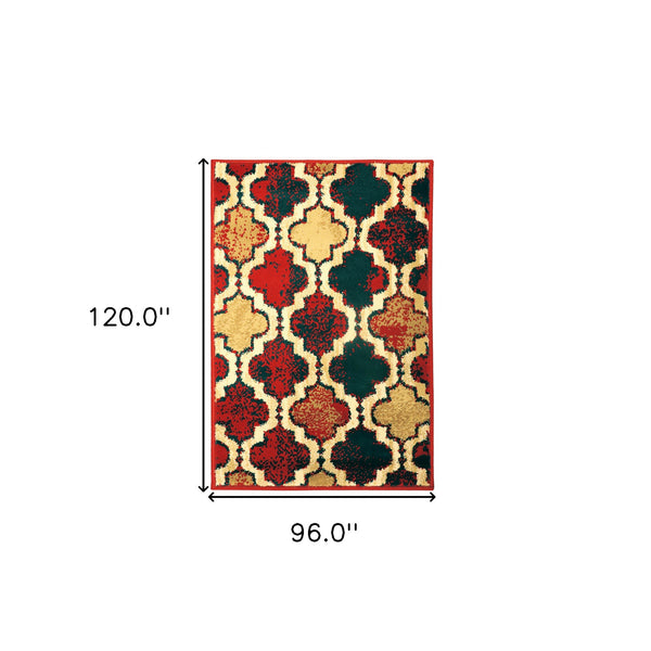 Homeroots 8' X 10' Red Blue Quatrefoil Power Loom Distressed Stain Resistant Area Rug  Polypropylene 487240